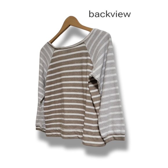🌿Bobeau Womens Medium Beige White Striped 3/4 Sleeve Distressed Sweater-Cute! - Picture 6 of 9